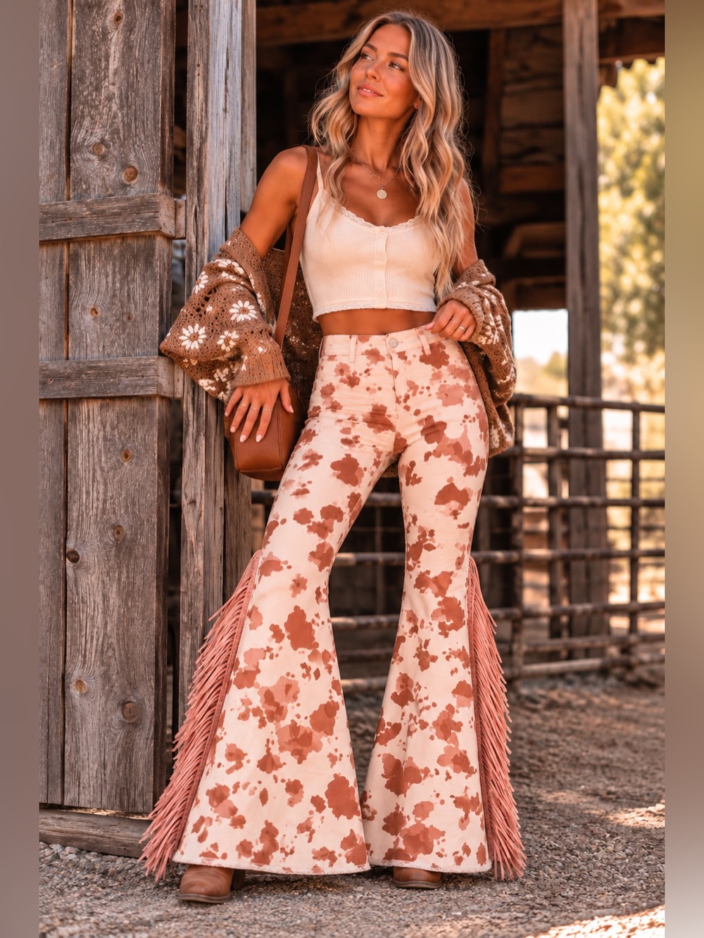 Altar’d State Cow Print Fringe Bell Bottom Flare Pants M/L Boho Western